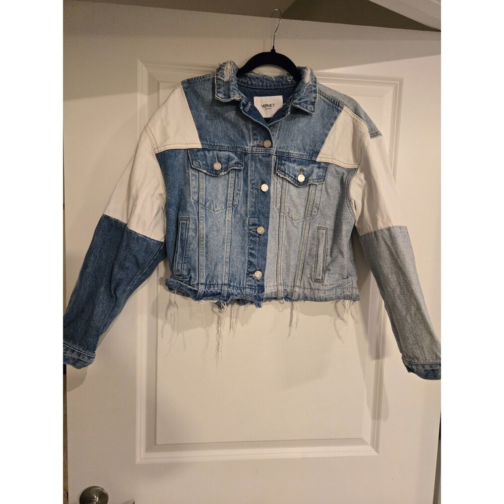 Vervet Los Angeles Women's M Oversized Crop Colorblock Denim Jacket Frayed Hem - Picture 5 of 6
